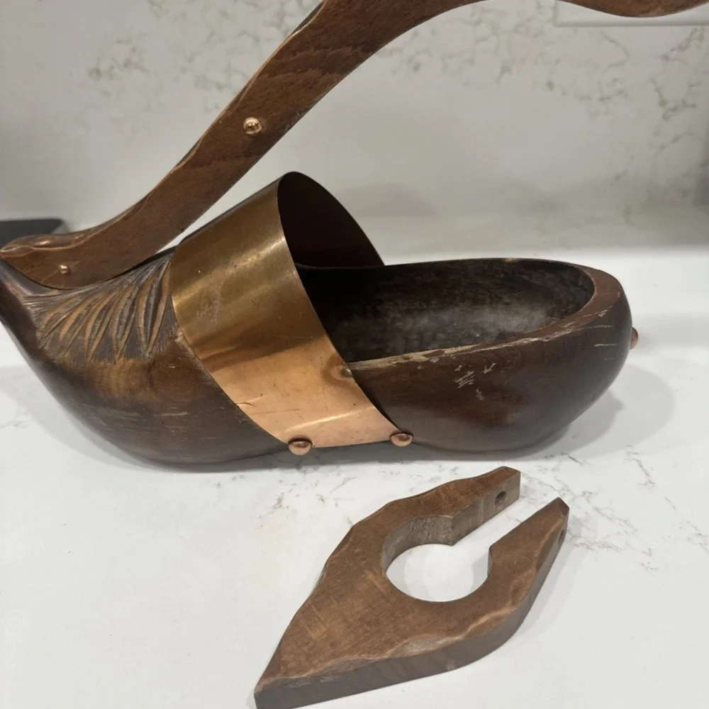 VIntage Carved Wood Clog/Shoe COPPER BAND Wine Bottle Holder- See Pics!